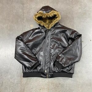 Vintage Brown Faux Leather Bomber Jacket Fur Lined Hood Women's Sz L/XL